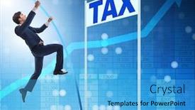  Presentation with tax avoidance - PPT layouts consisting of businessman-jumping-over-tax background and a teal colored foreground