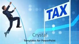  Presentation with tax evasion - Amazing PPT theme having businessman-jumping-over-tax backdrop and a light blue colored foreground
