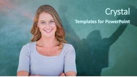  Presentation with five business people standing together and smiling - Cool new theme with businessman jumping while holding briefcase backdrop and a ocean colored foreground