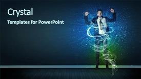  Presentation with cheerful - Beautiful presentation theme featuring businessman jumping with glowing energy backdrop and a navy blue colored foreground
