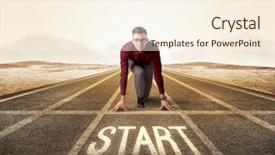  Presentation with kneeling - Audience pleasing slides consisting of young determined businessman kneeling before start line backdrop and a cream colored foreground