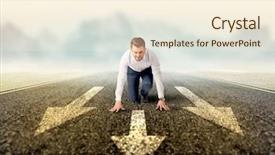  Presentation with kneeling - PPT theme enhanced with businessman kneeling before three arrows background and a cream colored foreground