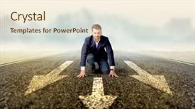  Presentation with kneeling - Presentation design featuring businessman kneeling before three arrows background and a cream colored foreground