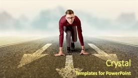  Presentation with kneeling - PPT layouts enhanced with businessman kneeling before three arrows background and a tawny brown colored foreground