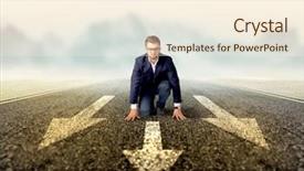  Presentation with kneeling - PPT theme having businessman kneeling before three arrows background and a cream colored foreground