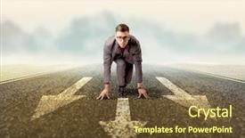  Presentation with kneeling - Presentation theme enhanced with businessman kneeling before three arrows background and a tawny brown colored foreground