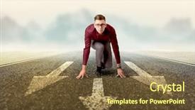  Presentation with kneeling - Cool new slide deck with businessman kneeling before three arrows backdrop and a tawny brown colored foreground