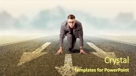  Presentation with kneeling - Theme consisting of businessman kneeling before three arrows background and a tawny brown colored foreground