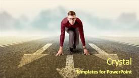  Presentation with kneeling - Slide deck featuring businessman kneeling before three arrows background and a tawny brown colored foreground