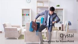  Presentation with late - Beautiful PPT theme featuring businessman late for office due backdrop and a light gray colored foreground