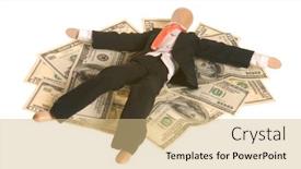  Presentation with lays - Colorful slide set enhanced with businessman-lays-on-money backdrop and a coral colored foreground