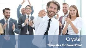  Presentation with team leader - PPT theme having businessman-leader-on-the-background background and a teal colored foreground