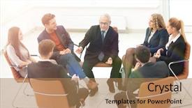  Presentation with meeting - Presentation theme featuring businessman leading meeting at boardroom background and a  colored foreground