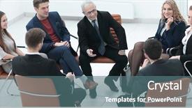  Presentation with management review meeting education - Slide set with businessman leading meeting at boardroom background and a  colored foreground