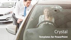  Presentation with car door - PPT theme enhanced with businessman leaning on door showing car to customer at car showroom background and a gray colored foreground
