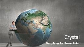  Presentation with planet earth on white - Colorful theme enhanced with businessman leaning on huge earth backdrop and a gray colored foreground