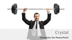  Presentation with lifting weights - PPT theme with businessman-lifting-weights-and-smiling background and a white colored foreground