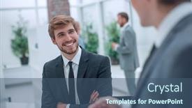  Presentation with ideas - Presentation theme having businessman-listening-attentively background and a ocean colored foreground