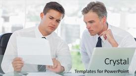  Presentation with intern - Amazing slide set having businessman listening to his intern backdrop and a light gray colored foreground