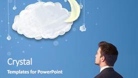  Presentation with cartoon - Amazing theme having businessman looking at cartoon night clouds with moon hanging down backdrop and a teal colored foreground