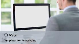  Presentation with computer - Presentation theme with businessman looking at computer screen background and a light gray colored foreground