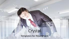  Presentation with digital project - Presentation theme having businessman looking at digital construction project of modern city background and a light blue colored foreground