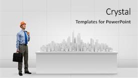  Presentation with digital project - PPT theme enhanced with businessman looking at digital construction project of modern city background and a light gray colored foreground