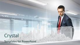  Presentation with digital project - Presentation theme featuring businessman looking at digital construction project of modern city background and a sky blue colored foreground