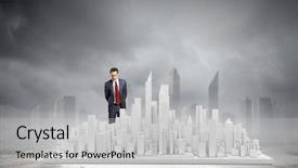  Presentation with digital project - Audience pleasing presentation consisting of businessman looking at digital construction project of modern city backdrop and a light gray colored foreground