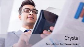  Presentation with financial - Audience pleasing PPT theme consisting of businessman looking at financial charts backdrop and a  colored foreground