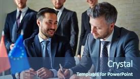  Presentation with negotiation - PPT theme having his partner signing contract background and a ocean colored foreground