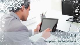  Presentation with tablet - Amazing slides having businessman-looking-at-his-tablet backdrop and a sky blue colored foreground