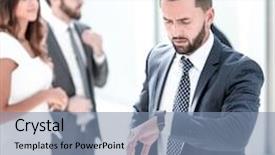  Presentation with confident - PPT theme enhanced with businessman looking at his wristwatch background and a  colored foreground