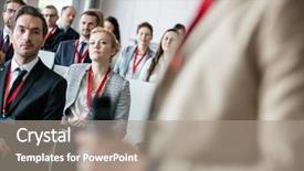  Presentation with speaker - Audience pleasing theme consisting of businessman looking at public speaker backdrop and a gray colored foreground