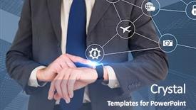  Presentation with skyscraper - Beautiful PPT theme featuring businessman looking at watch against skyscraper backdrop and a ocean colored foreground