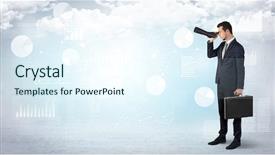  Presentation with reflection looking back to go forward - Slide set consisting of businessman looking forward with binoculars background and a sky blue colored foreground