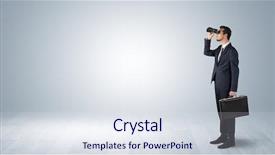  Presentation with reflection looking back to go forward - Slide deck enhanced with businessman looking forward with binoculars background and a sky blue colored foreground