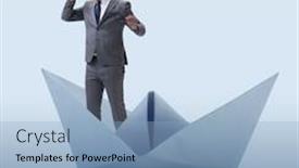  Presentation with future - Slide deck enhanced with businessman looking into future with binoculars in paper ship bo background and a light blue colored foreground