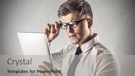  Presentation with tablet - Colorful PPT layouts enhanced with businessman-looking-something-wrong backdrop and a light gray colored foreground