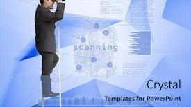  Presentation with holographic - Amazing PPT theme having businessman looking through binoculars to holographic finger print on blue background backdrop and a light blue colored foreground