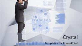  Presentation with holographic - Slide set enhanced with businessman looking through binoculars to blue holographic finger print on white background background and a light blue colored foreground