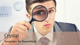  Presentation with blonde holds a magnifying glass - PPT theme consisting of businessman looking through magnifying glass background and a coral colored foreground