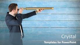  Presentation with telescope - Theme featuring businessman looking through telescope against wooden planks background and a teal colored foreground