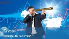  Presentation with telescope - Slide deck with businessman looking through telescope against sky background and a ocean colored foreground