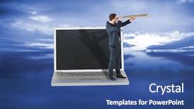  Presentation with telescope - Presentation design enhanced with businessman looking through telescope against blue sky with blue clouds background and a ocean colored foreground