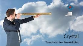  Presentation with telescope - Amazing presentation having businessman looking through telescope against cloudy sky backdrop and a light blue colored foreground