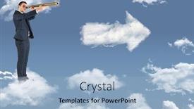  Presentation with telescope - PPT layouts with businessman looking through telescope against cloud arrow background and a light blue colored foreground
