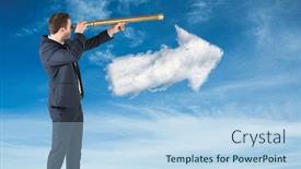  Presentation with telescope - Presentation theme consisting of businessman looking through telescope against cloud arrow background and a light blue colored foreground