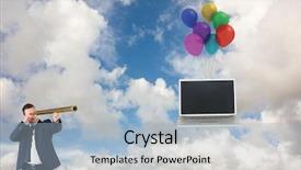  Presentation with telescope - Amazing presentation theme having businessman looking through telescope against blue sky with white clouds backdrop and a light blue colored foreground