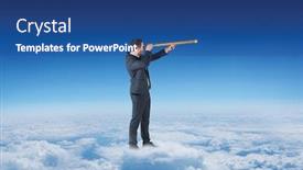  Presentation with altitude - Colorful presentation theme enhanced with businessman looking through telescope against blue sky over clouds at high altitude backdrop and a ocean colored foreground